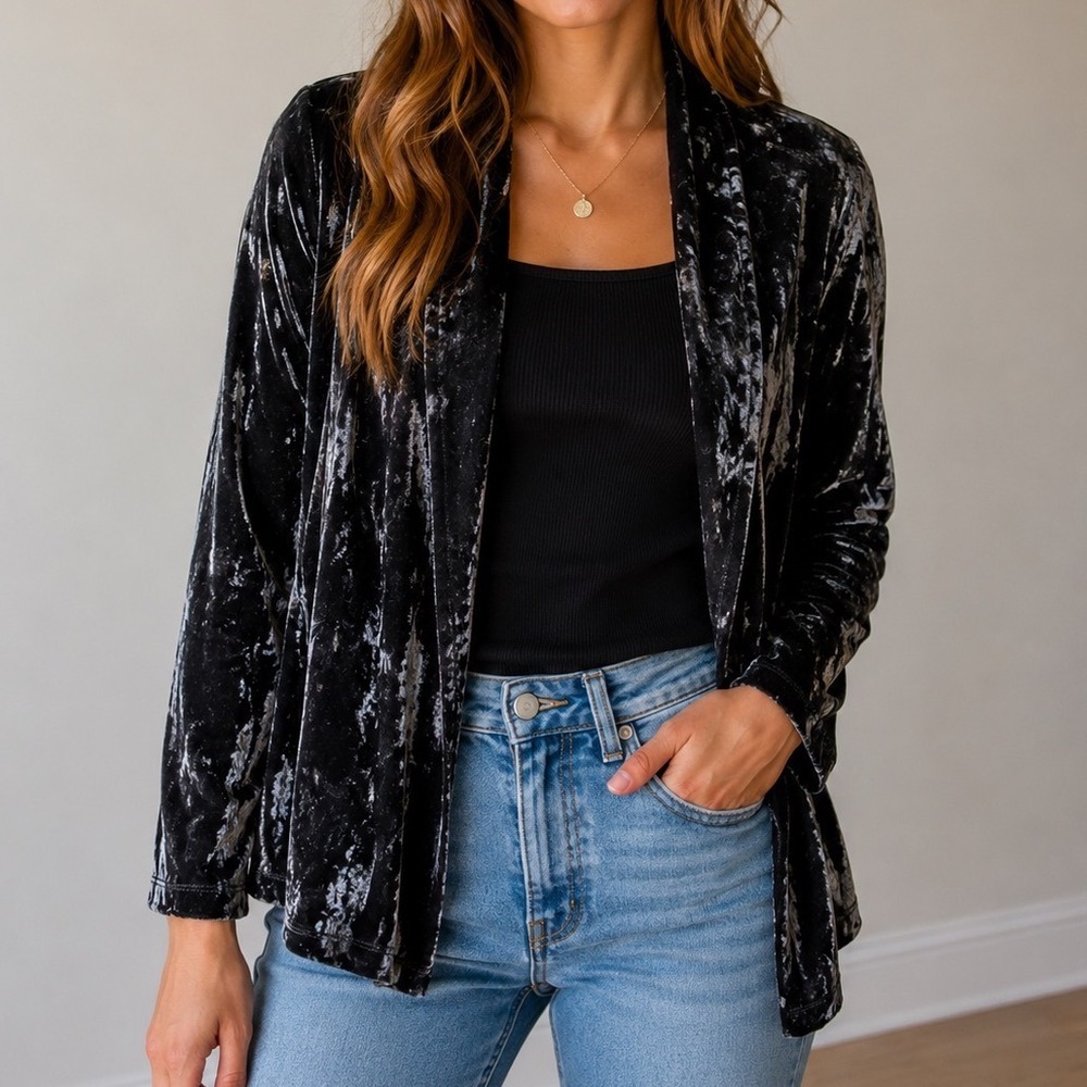 David Dart XL Black Crushed Velvet Open Front Blazer Jacket Stretch Duster
